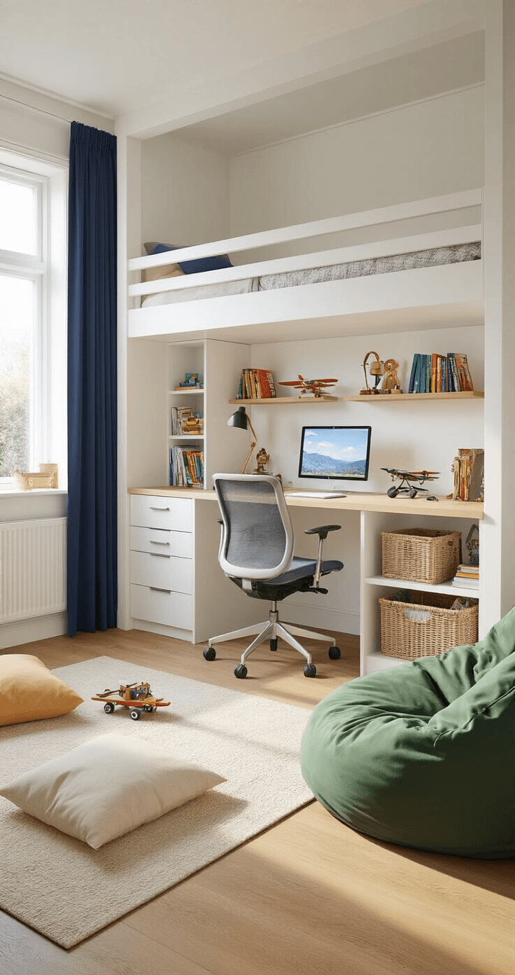 Jongens slaapkamer inrichten: Van chaos naar coole mannengrot Photorealistic interior of a Dutch boy's bedroom featuring a white loft bed with a desk, warm oak flooring, navy blue curtains, and cozy chill zone with bean bag and cushions.