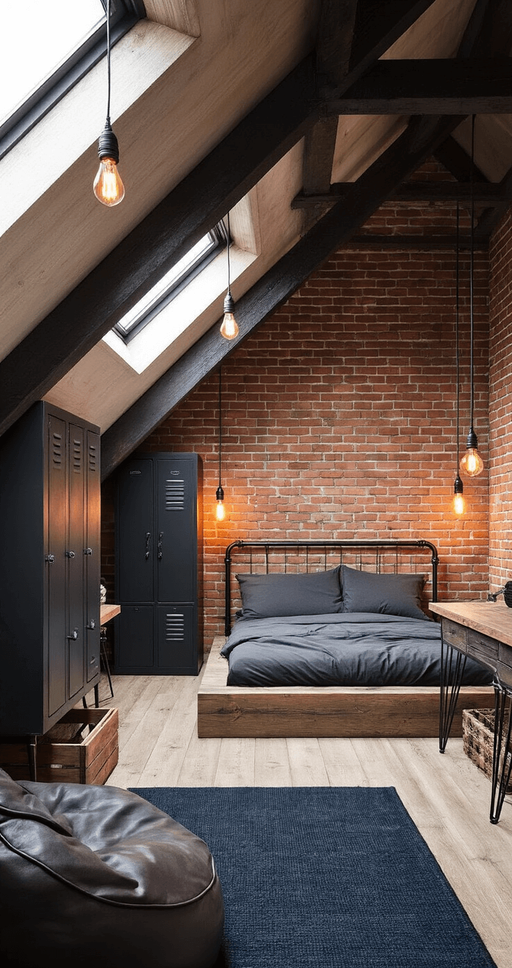 Jongens slaapkamer inrichten: Van chaos naar coole mannengrot Interior of a Dutch boy's bedroom in an attic, showcasing industrial design with exposed wooden beams, a low platform bed with a charcoal grey headboard, vintage metal wardrobe, and warm amber lighting, accented by brick-pattern wallpaper and a forest green rug.