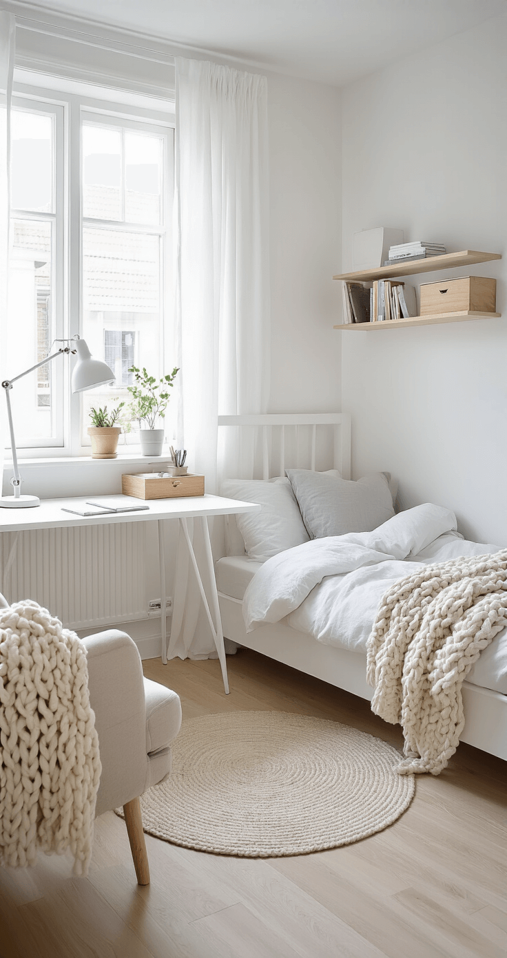 Jongens slaapkamer inrichten: Van chaos naar coole mannengrot A bright Scandinavian-inspired Dutch boy's bedroom with white walls, light blonde pine flooring, and sheer white curtains. It features a minimalist white bed with grey linens, a simple desk with a modern lamp, light wood floating shelves with books and plants, and a cozy reading nook with a cream-colored armchair and a chunky knit throw blanket, all in a palette of white, soft greys, and muted sage green.