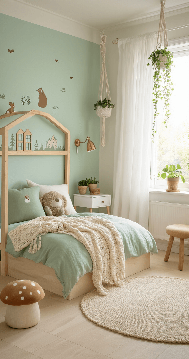Meisjes Slaapkamer Inrichten: Van Droomkamer naar Realiteit Sfeervolle kinderkamer met een natuurlijke bos-thema, mintgroene accentmuur en crèmekleurige basis. De ruimte bevat een houten huisbed met linnen beddengoed, decoratieve kussens, wandstickers van bosdieren, een zwevend nachtkastje met een tafellamp en een vetplant, evenals macramé hangers met klimop. Een knusse leeshoek met een paddenstoel-stoel en mand vol prentenboeken wordt verfijnd door het warme avondlicht.