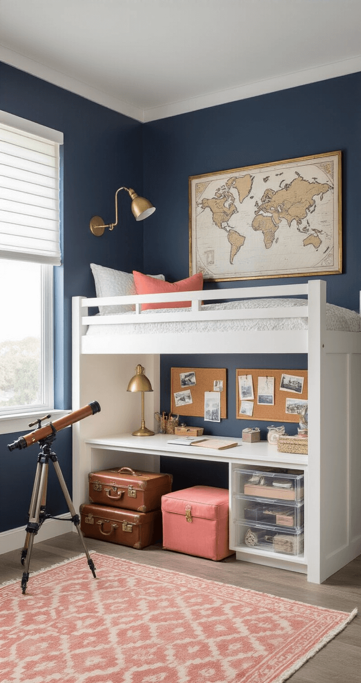 Meisjes Slaapkamer Inrichten: Van Droomkamer naar Realiteit Laag perspectief van een avontuurlijke meisjeskamer met zacht ochtendlicht, een navyblauwe accentmuur met een vintage wereldkaart en reisfoto's, een stevige witte loftbed met bureau eronder, koraalroze accentkussens en een geometrisch tapijt, evenals een bureaublad met LED-verlichting, prikborden en kunstbenodigdheden. Een telescoop en vintage koffers dienen als decoratieve opslag.