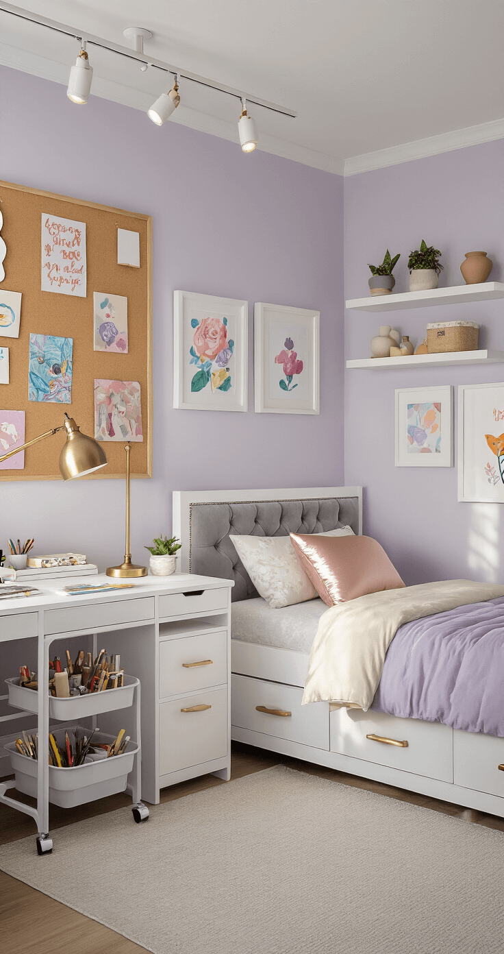 Meisjes Slaapkamer Inrichten: Van Droomkamer naar Realiteit Een ooghoogte opname van een creatieve meisjeskamer in lavendel- en grijstinten, met een wit houten bed, een grote verstelbare bureau en een galerijwand van kleurrijke kunstwerken. Het interieur is sfeervol bruin verlicht en bevat kunstbenodigdheden en decoratieve elementen.