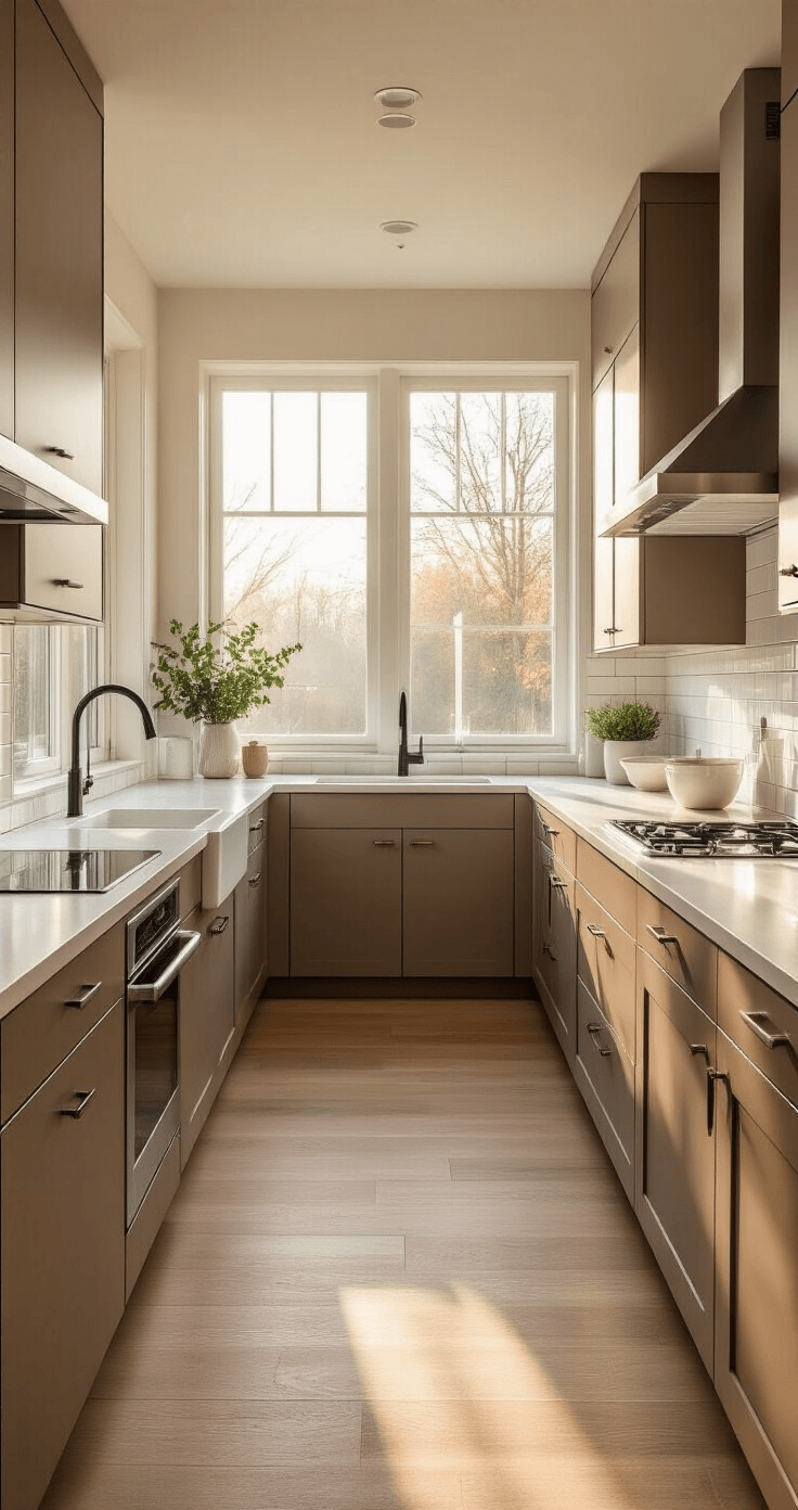 De Perfecte Taupe Keuken: Waarom Deze Warme Kleur Je Droomkeuken Wordt Professionele interieurfotografie van een moderne taupekleurige keuken in Nederland, vastgelegd tijdens het gouden ochtenduur met natuurlijk licht dat door grote ramen stroomt.