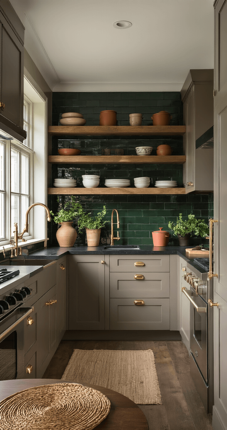 De Perfecte Taupe Keuken: Waarom Deze Warme Kleur Je Droomkeuken Wordt Professional architectural photograph of a cozy Dutch taupe kitchen featuring deep charcoal taupe cabinetry, black granite countertops with gold veining, and a backdrop of forest green subway tiles, illuminated by natural afternoon light.