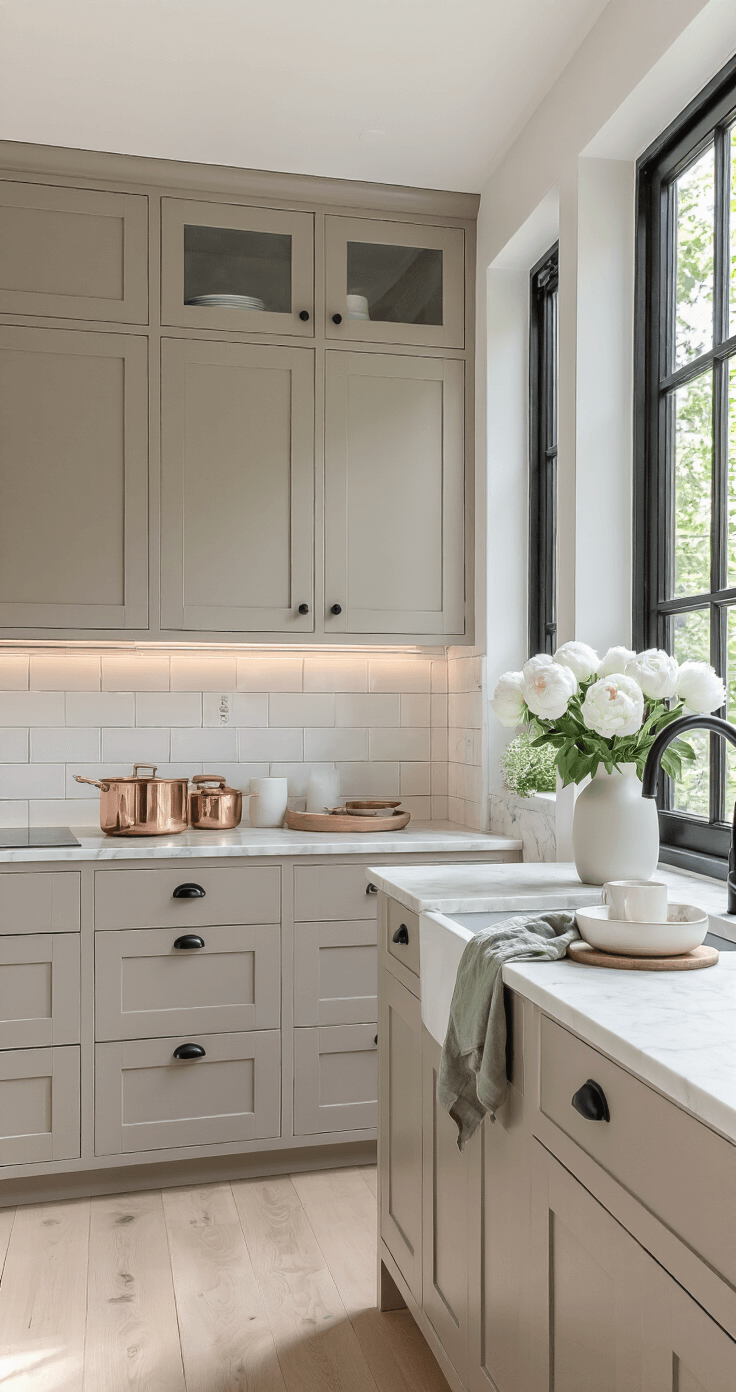 De Perfecte Taupe Keuken: Waarom Deze Warme Kleur Je Droomkeuken Wordt Professionele lifestyle fotografie van een Scandinavisch-Nederlands taupekleurige keuken met open indeling, lichte eikenhouten vloeren en witte marmeren aanrechtbladen, verlicht door natuurlijk licht uit grote ramen met zwarte stalen frames.