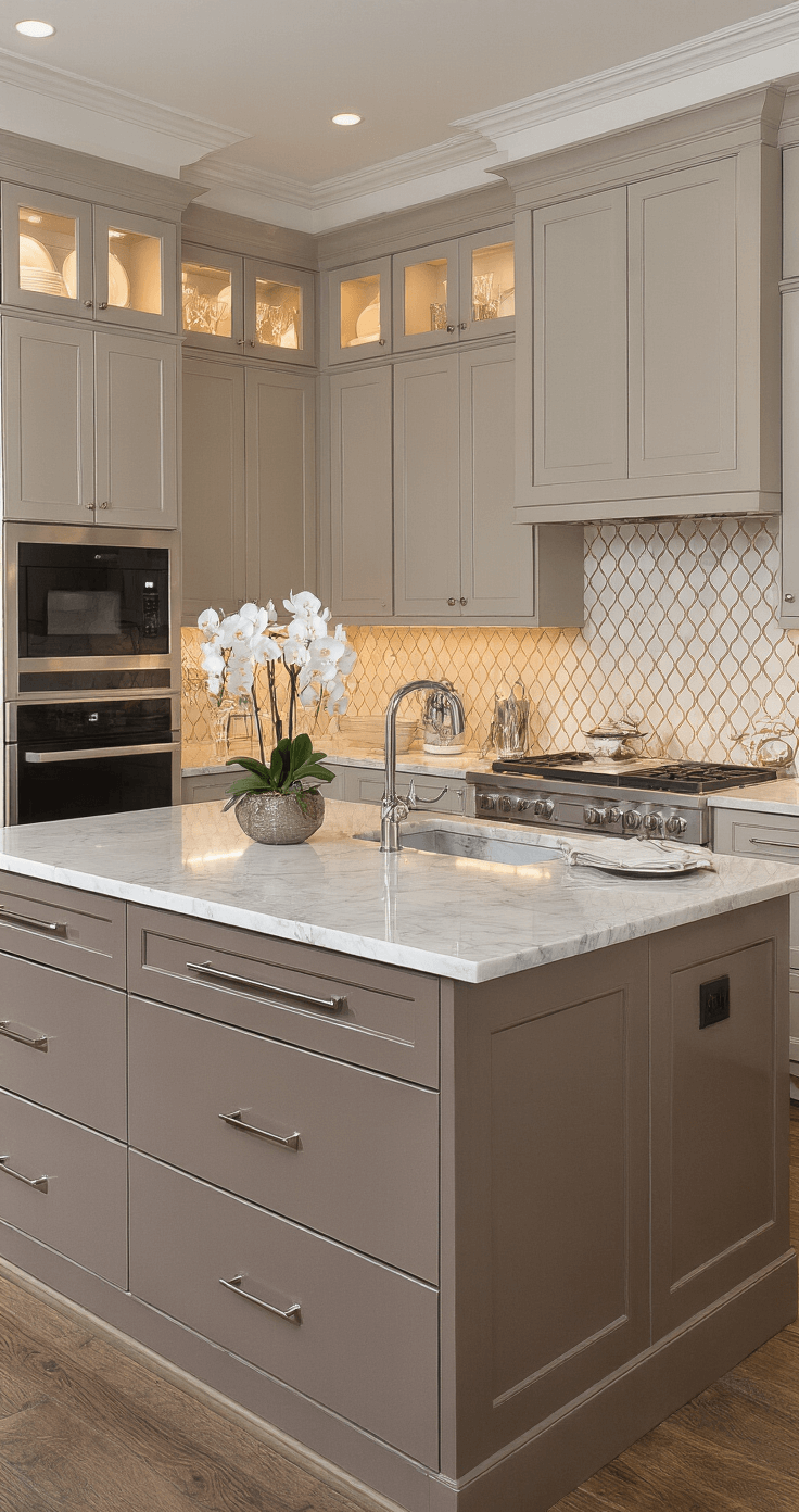 De Perfecte Taupe Keuken: Waarom Deze Warme Kleur Je Droomkeuken Wordt Professionele vastgoedfotografie van een luxueuze taupe keuken met avondverlichting, met een royaal kookeiland, hoogglanzende coffee taupe kasten, Carrara marmeren werkbladen, warme LED-verlichting, elegante styling met kristallen glazen en verse witte orchideeën, zwart roestvrijstalen apparaten en een geometrisch patroontegel backsplash.