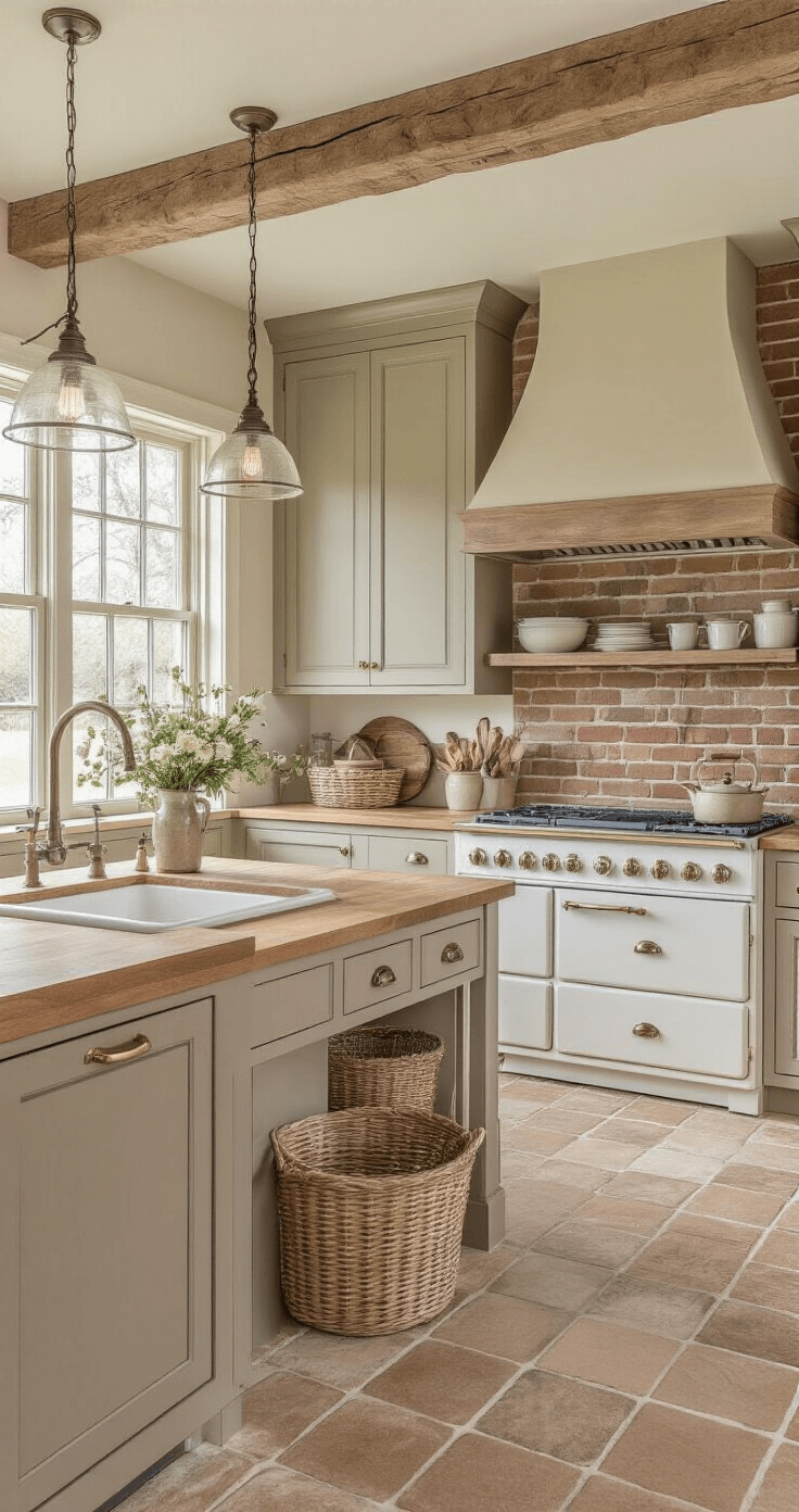 De Perfecte Taupe Keuken: Waarom Deze Warme Kleur Je Droomkeuken Wordt Professionele magazinefoto van een charmante farmhouse-keuken in Dutch taupe, met traditionele panelen, antiek messing hardware, een witte farmhouse spoelbak en een gezellige ontbijthoek in zacht ochtendlicht.