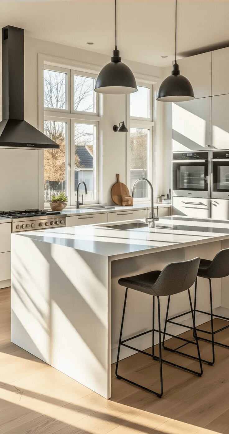 Waarom een Keukeneiland de Beste Investering voor Jouw Keuken is (En Hoe Je de Perfecte Kiest) Wide angle shot of a spacious Dutch modern kitchen featuring a large freestanding island with a white quartz waterfall countertop, surrounded by handle-free cabinets and warmed by golden hour sunlight streaming through large windows.
