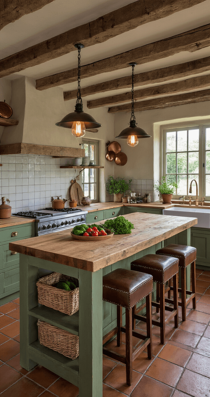 Waarom een Keukeneiland de Beste Investering voor Jouw Keuken is (En Hoe Je de Perfecte Kiest) Intimate low-angle view of a rustic Dutch farmhouse kitchen island featuring a reclaimed oak countertop, distressed sage green cabinets, vintage leather bar stools, and warm Edison lighting, all set against an inviting blue hour backdrop.