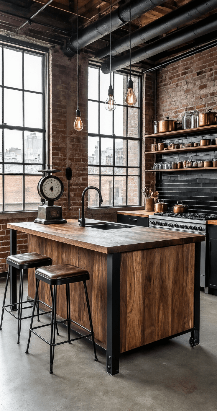 Waarom een Keukeneiland de Beste Investering voor Jouw Keuken is (En Hoe Je de Perfecte Kiest) Industriële loft keukeneiland met een walnoten houten blad en zwarte stalen haarpennen, verlicht door diffuus ochtendlicht door stalen ramen.