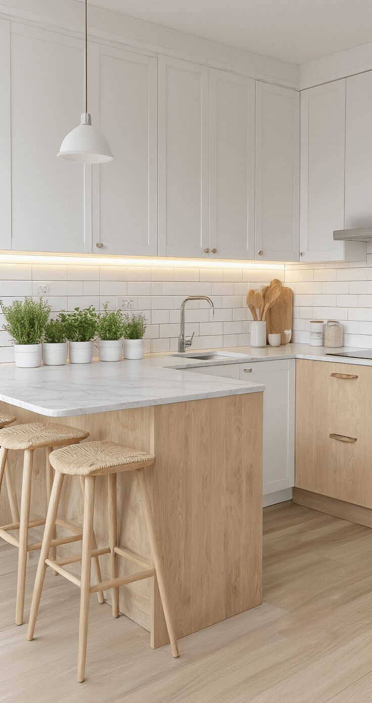 Waarom een Keukeneiland de Beste Investering voor Jouw Keuken is (En Hoe Je de Perfecte Kiest) Bright Scandinavian kitchen featuring a compact 18m² peninsula with light birch wood base cabinets and honed Carrara marble countertop, accented by blonde wood bar stools and white ceramic subway tile backsplash, all illuminated by golden morning light.