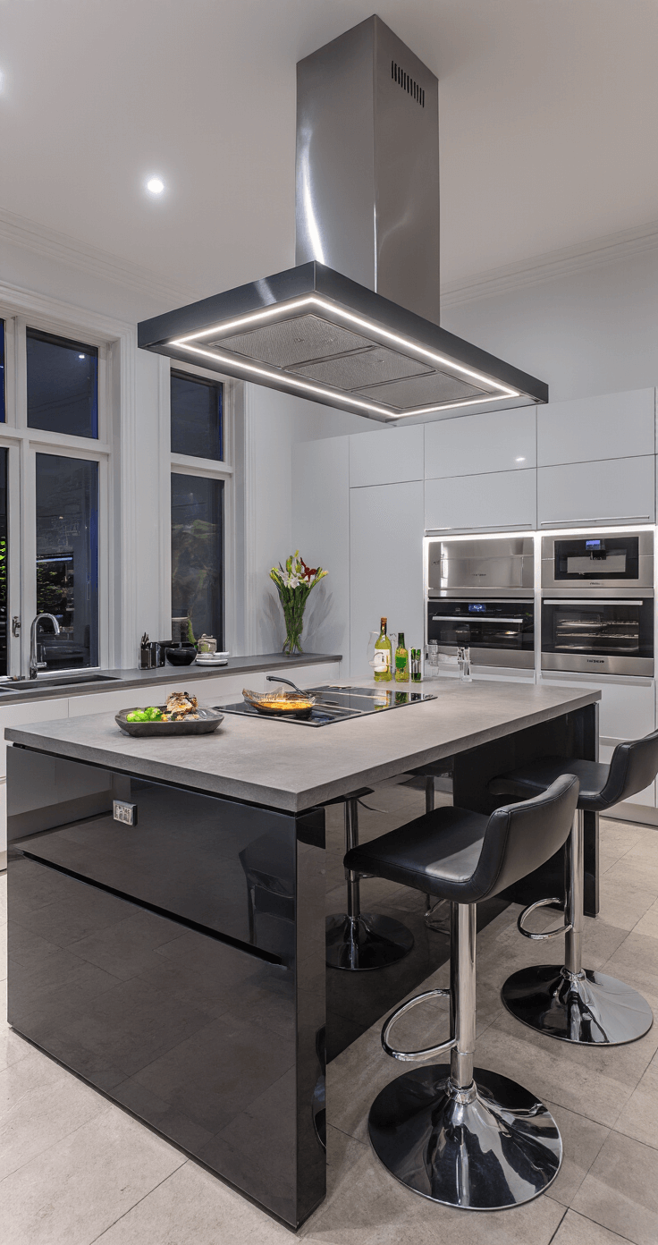 Waarom een Keukeneiland de Beste Investering voor Jouw Keuken is (En Hoe Je de Perfecte Kiest) Luxurious contemporary Dutch kitchen island with seamless grey concrete countertops, integrated teppanyaki grill, high-gloss charcoal grey cabinets, and stylish black leather stools, illuminated by dramatic evening lighting and under-cabinet LEDs, revealing city lights through tall windows.