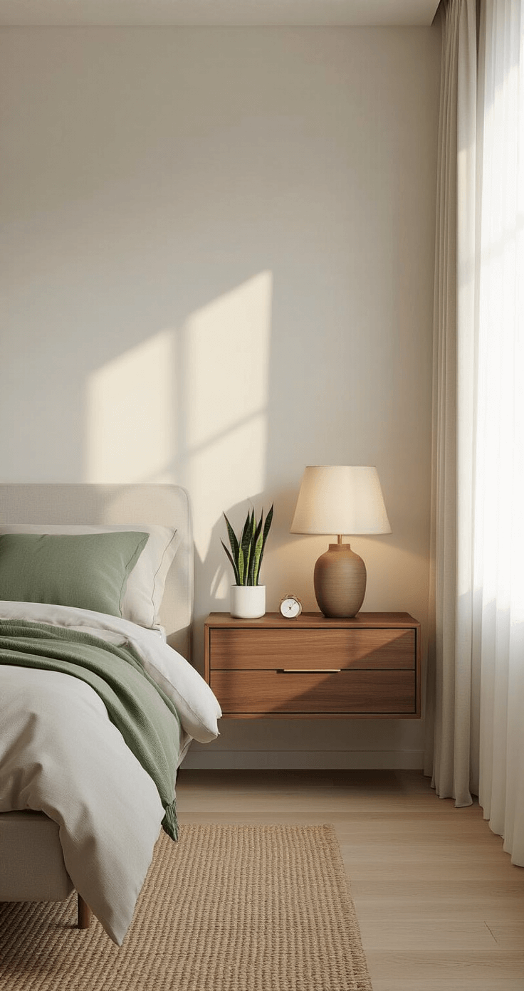 Het Perfecte Nachtkastje Kiezen: Jouw Gids voor Stijl en Functionaliteit Photorealistic interior of a modern Dutch bedroom with white walls and light oak flooring, featuring a contemporary platform bed and walnut floating nightstand at mattress height, captured during golden hour with warm light, layered textures including a jute rug and sage green linens, accented by a ceramic lamp, potted sansevieria, and minimal decor.