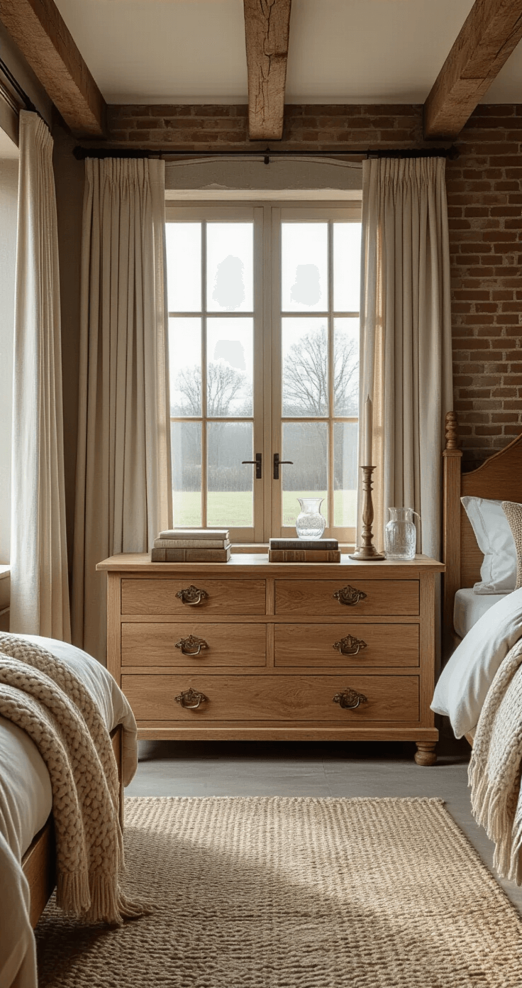 Het Perfecte Nachtkastje Kiezen: Jouw Gids voor Stijl en Functionaliteit Photorealistic interior of a spacious Dutch bedroom featuring a luxurious oak nightstand with intricate joinery and antique brass hardware, set against exposed ceiling beams and concrete flooring, illuminated by soft morning light through large windows. The scene includes a chunky knit wool throw, vintage books, a crystal carafe, and brass candlesticks, complemented by an exposed brick wall, linen curtains, and an aged leather armchair.