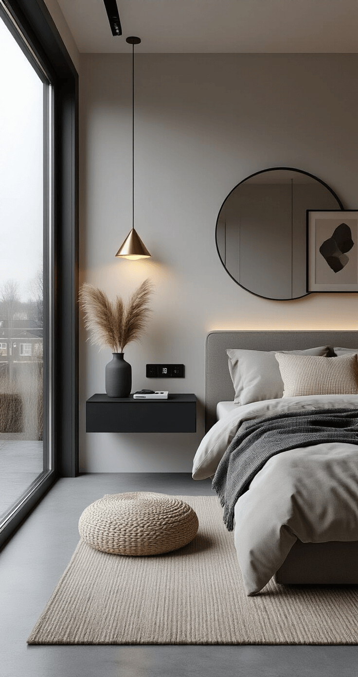 Het Perfecte Nachtkastje Kiezen: Jouw Gids voor Stijl en Functionaliteit Photorealistic image of a modern Dutch bedroom interior featuring a floating nightstand, floor-to-ceiling windows, and polished concrete floors. The room is styled with geometric patterns, including a hexagonal mirror and triangular wall sconces, and showcases sophisticated neutrals with a bouclé throw pillow, a ceramic vase with pampas grass, and a low-profile platform bed. The scene is captured during blue hour with integrated LED lighting, creating a moody yet inviting atmosphere.
