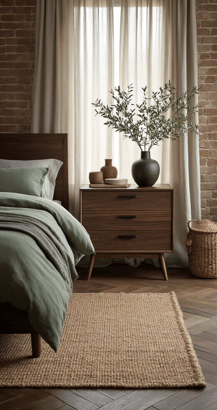 Het Perfecte Nachtkastje Kiezen: Jouw Gids voor Stijl en Functionaliteit Photorealistic interior of a medium Dutch bedroom with herringbone parquet flooring and warm grey painted brick walls, featuring a walnut nightstand, sage green linen bedding, and earthy ceramic accessories, all illuminated by soft afternoon light.