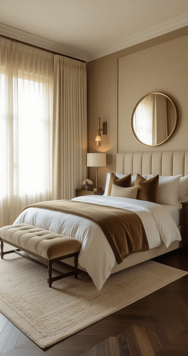 Hoe creëer ik een hotel chique slaapkamer die voelt als een luxe suite? Fotorealistische opname van een luxe hotelkamer met taupe matte muren, een grasscloth accentmuur achter een kingsize bed, en warme gouden uurlichting die door vloer-tot-plafond crèmewitte zijden gordijnen valt. Bed opgemaakt met een ivoorkleurige percale katoenen dekbed, een paddenstoelenfluwelen deken en kussens in zand- en leemtonen. Donker walnoothouten visgraadvloer met een groot hoogpolig vloerkleed. Messing wandlampen flanken het bed, met antiek bronzen tafellampen op bijpassende nachtkastjes. Een groot spiegel met geborsteld nikkel omlijsting reflecteert het natuurlijke licht. Een fluwelen bank in chocoladebruin staat aan het voeteneinde van het bed. Lage camerahoek benadrukt de hoogte van het plafond en de ruimtelijke flow. Zachte, directionele verlichting creëert een gelaagd ambiance zonder harde schaduwen.