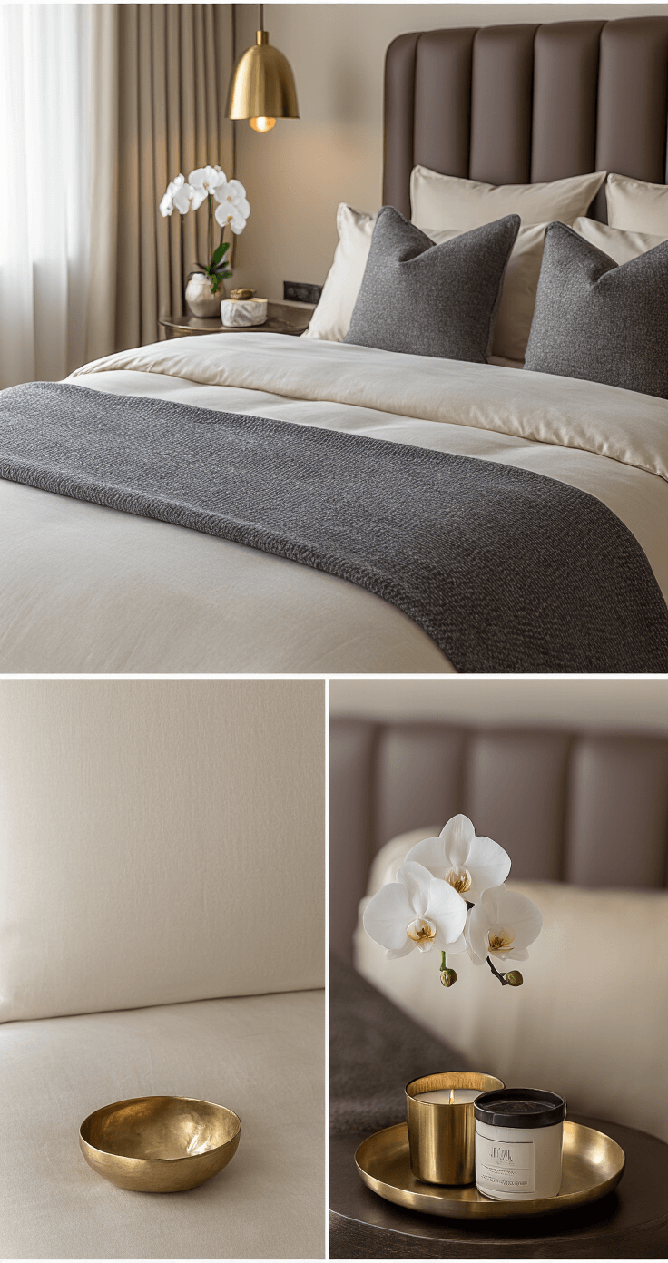 Hoe creëer ik een hotel chique slaapkamer die voelt als een luxe suite? Fotorealistische opname van een luxe hotelbed met ton-sur-ton lagen in verschillende tinten antracietgrijs, inclusief een parelachtige dekbedbasis, gewoven wolldecke en fluweelaccentkussens. Warm avondlicht van messing bedside pendant lampen creëert een intieme sfeer. Glad satijnen kussenslopen vangen het licht met een subtiele glans. Donkerbruin leren hoofdbord met subtiel quiltpatroon. Nachtkastje stijlvol ingericht met een gouden decoratieve schaal, een witte orchidee in een minimalistische vaas en een luxe geurige kaars in een elegante houder. Camerastandpunt op bedniveau, iets verhoogd voor een redactionele magazine-esthetiek.