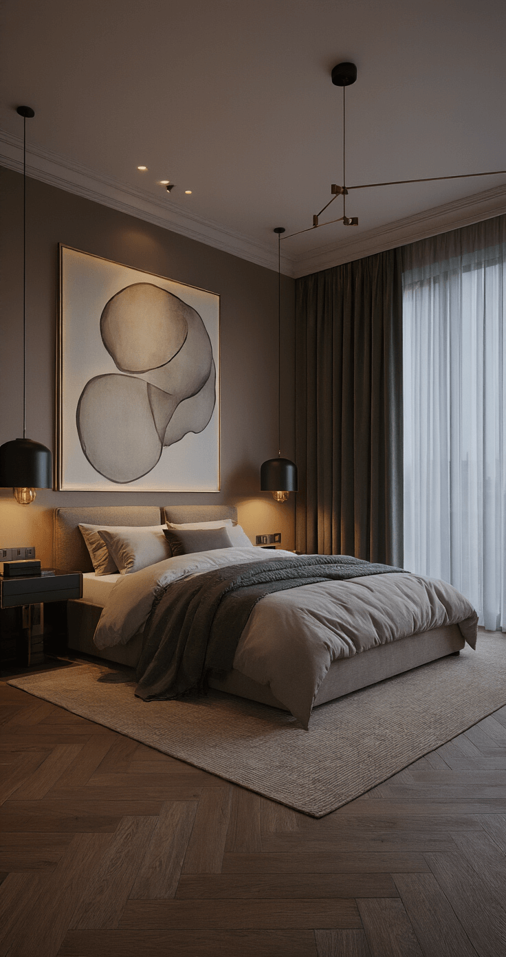 Hoe creëer ik een hotel chique slaapkamer die voelt als een luxe suite? Fotorealistische interieurfoto van een chique hotel slaapkamer tijdens de blauwe uurtwilight, met verfijnde verlichting, waaronder een dimbare plafondkroonluchter, bronskleurige vloerlampen, en accentverlichting die een groot abstract kunstwerk boven het bed benadrukt. Donkere bosgroene velvet gordijnen en natuurlijke linnen overgordijnen raamfilteren het resterende daglicht, terwijl de natuurstenen eikenhouten vloer met hoogglans afwerking de lichtlagen reflecteert. Geborsteld nikkel elementen vangen de omgevingsverlichting. Camerastandpunt vanuit de deuropening met zicht op de diepte van de kamer.