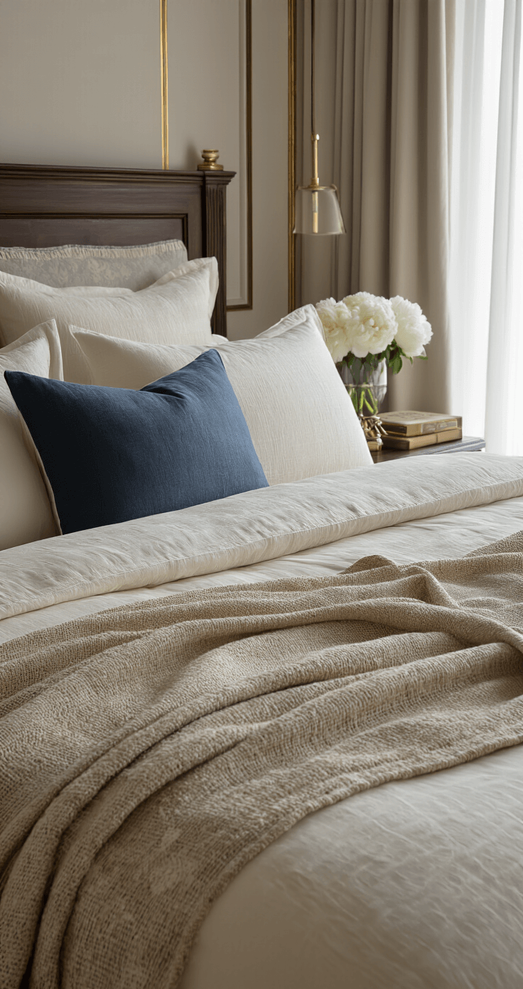 Hoe creëer ik een hotel chique slaapkamer die voelt als een luxe suite? Fotorealistische close-up van luxe textiel op een hotelbed. Geweven wol in leemtoon over een ivoorkleurig katoen dekbed, hoogpolige fluwelen kussens in nachtblauw. Diverse texturen zichtbaar, zoals satijnen rand op kussensloop en subtiele damastpatronen. Ochtendlicht doorzichtige gordijnen verlicht de materialen. Donker walnoot bedframe met matte afwerking en bronskleurige hoekdetails. Styling met verse witte pioenrozen in een kristallen vaas, leren boeken en een gouden lijst. Macroperspectief benadrukt de kwaliteit en vakmanschap van textiel.