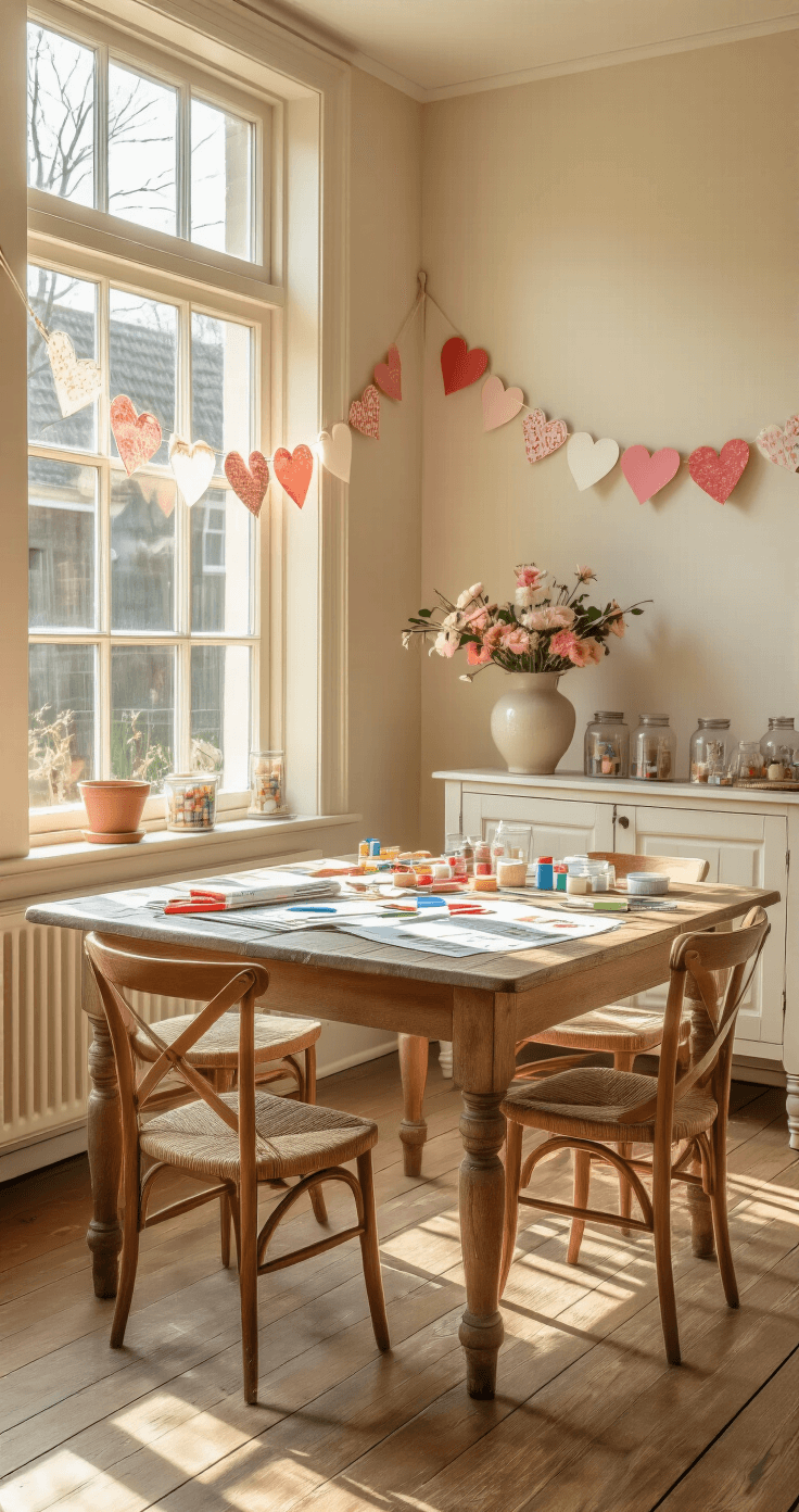 Moederdag Knutselen: Persoonlijke Cadeaus die Recht uit het Hart Komen Wide-angle view of a sunlit Dutch living room featuring a rustic wooden dining table adorned with crafting supplies and newspapers, surrounded by small wooden chairs, with a handmade heart garland on the wall and a ceramic vase of paper flowers on a sideboard, all bathed in warm natural light.