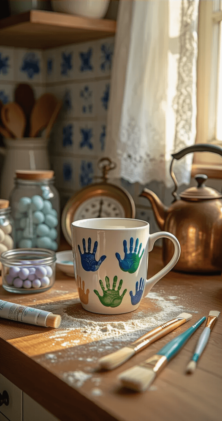 Moederdag Knutselen: Persoonlijke Cadeaus die Recht uit het Hart Komen Intimate close-up of a Dutch kitchen counter during golden hour, featuring a white ceramic mug with colorful handprint designs, porcelain paint tubes and brushes, flour-dusted wood grain surface, mason jars with salt dough beads in lavender and sage green, a vintage brass scale, copper kettles, and a blue and white Delft tile backsplash, all bathed in warm, nostalgic light.