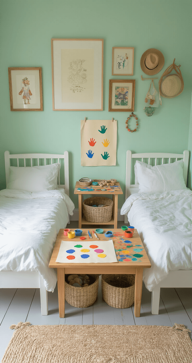 Moederdag Knutselen: Persoonlijke Cadeaus die Recht uit het Hart Komen Overhead view of a bright Dutch children's bedroom at 10am, featuring twin beds with white linens, a low wooden table covered in fingerpainting supplies, and a gallery wall of children's artwork, all bathed in morning light.