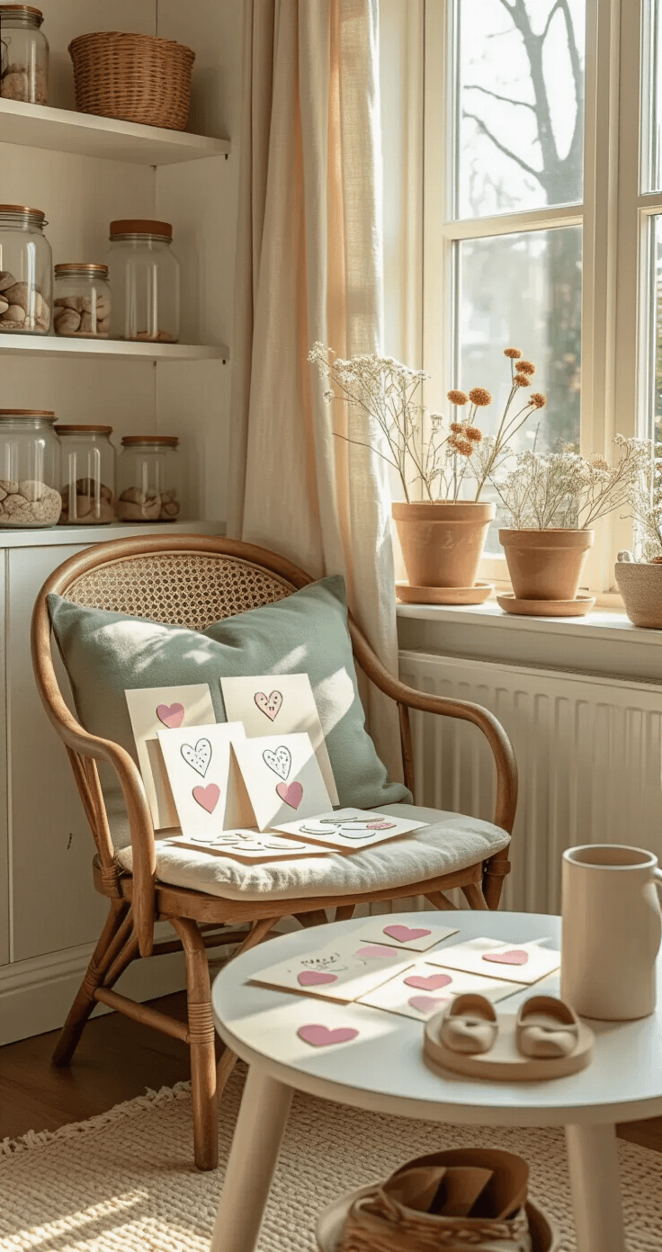 Moederdag Knutselen: Persoonlijke Cadeaus die Recht uit het Hart Komen Eye-level view of a cozy Dutch family room corner bathed in golden afternoon light, featuring a vintage wooden chair with sage green cushions adorned with handmade greeting cards. A small side table displays soft pink and cream perforated paper hearts. Behind, built-in shelving holds glass jars filled with nature materials, while quirky wooden clogs serve as planters on the windowsill. Linen curtains softly filter the light in a room with muted sage green paneling and white walls, creating an intimate crafting atmosphere.