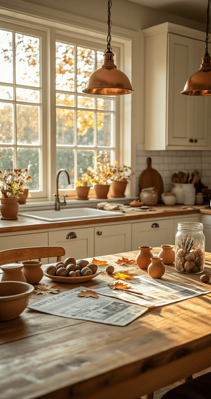 Herfst Knutselen met Kinderen: 25+ Magische DIY Projecten die Je Nu Moet Proberen Cozy Dutch family kitchen bathed in warm golden light, featuring a large farmhouse table scattered with autumn crafting supplies, surrounded by cream-colored shaker cabinets and decorated with mason jars on the windowsill.