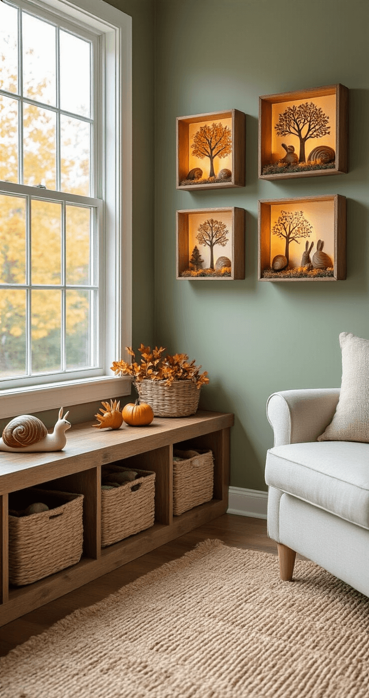 Herfst Knutselen met Kinderen: 25+ Magische DIY Projecten die Je Nu Moet Proberen Een hoekopstelling van de woonkamer met afgewerkte herfstknutselwerkjes van kinderen, in zacht daglicht vanuit een grote venster. Rustieke houten wandplanken op een saliegroene accentmuur tonen miniatuur herfstlandschappen in herbruikte schoenendozen, verlicht met warme LED-strips. Handafdrukboomkunst in verweerde lijsten, kastanjeslakkenfamilies op natuurlijke houten oppervlakken. Een geweven jute vloerkleed eronder, met een comfortabele linnen fauteuil in crèmekleurige stof dichtbij. Kleurenschema van aardse bruintinten, gouden gele en diepe bordeaux. Een mengeling van Deens modernisme en zelfgemaakte charme.