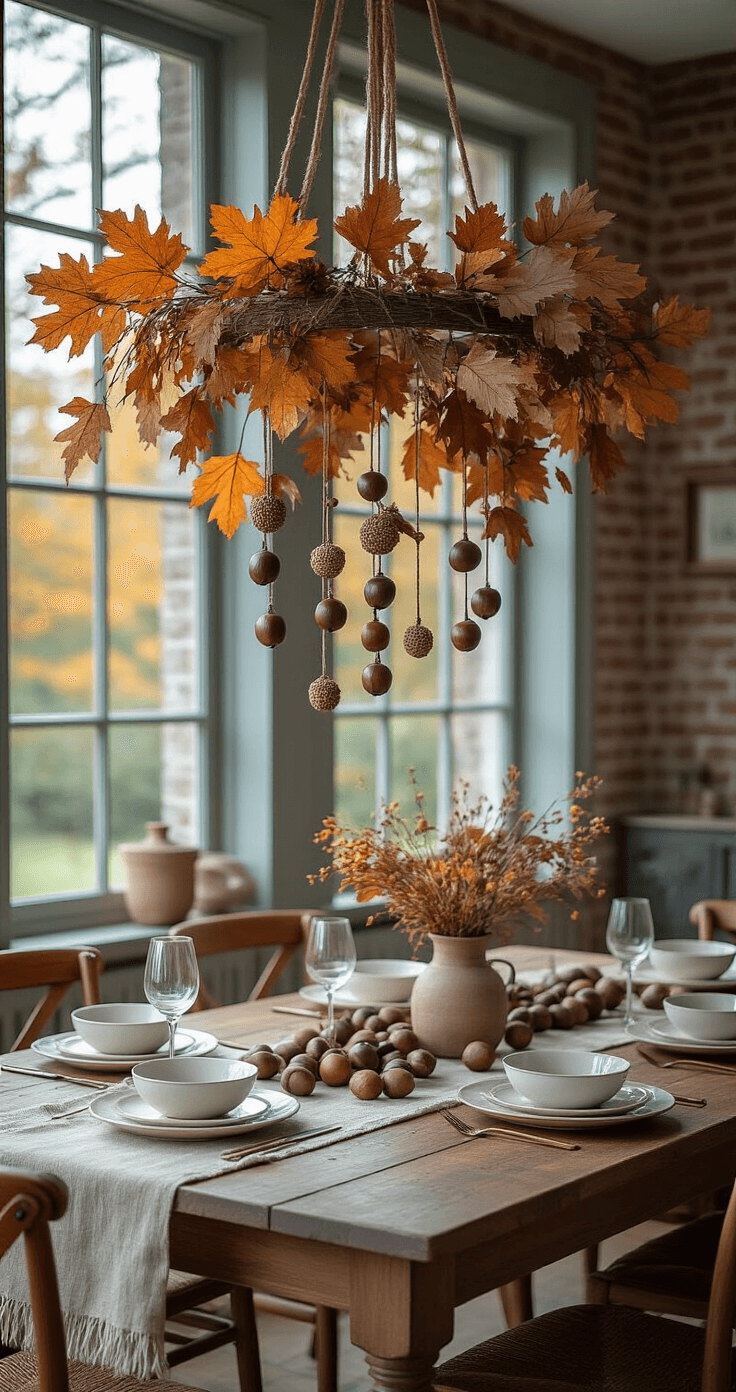 Herfst Knutselen met Kinderen: 25+ Magische DIY Projecten die Je Nu Moet Proberen A rustic Dutch dining room featuring an elaborate autumn mobile of dried leaves and chestnuts hanging above a dark walnut table set with white dinnerware and a linen runner, illuminated by soft overcast light filtering through tall windows, against a backdrop of painted gray-blue brick walls and a vintage brass chandelier.