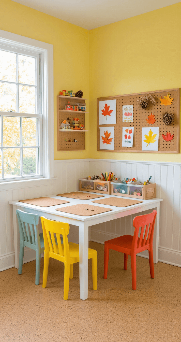 Herfst Knutselen met Kinderen: 25+ Magische DIY Projecten die Je Nu Moet Proberen Een helder hoekje van een kinderkamer, omgevormd tot een herfst-ambachtstation. Het bevat een laag wit houten tafeltje met kurken placemats en georganiseerde opbergdozen voor knutselbenodigdheden. Kleurrijke plastic stoelen rondom. Afgewerkte projecten hangen aan een wandplank; waaronder bladeren kunst en dennenappel diertjes. De muren zijn lichtgeel met witte panelen, en de vloer is van natuurlijk kurk. Een inspirerende en veilige ruimte voor creativiteit in herfsttinten.