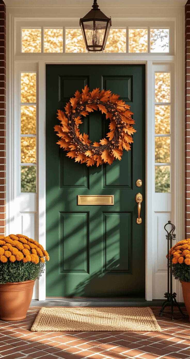 Herfst Knutselen met Kinderen: 25+ Magische DIY Projecten die Je Nu Moet Proberen Elegant Dutch entryway featuring a deep forest green six-panel front door adorned with a handmade autumn wreath, bathed in natural daylight. The herringbone brick flooring complements the warm color palette of rich greens, browns, and rust oranges, with flanking windows and potted mums enhancing the welcoming atmosphere.