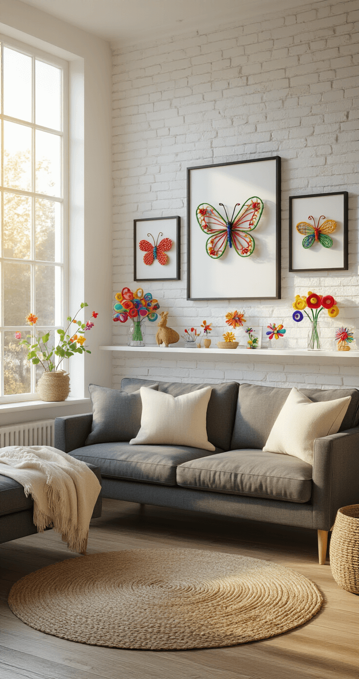 Knutselen met Pijpenragers: 25+ Creatieve Projecten die je Vandaag nog Kunt Maken Photorealistic Dutch living room featuring whitewashed brick walls, a charcoal grey linen sofa with cream throw pillows, and handmade pipe cleaner art displays, illuminated by golden hour light streaming through large windows. The gallery wall showcases framed pipe cleaner butterflies and flowers, while white floating shelves hold colorful sculptures. The warm oak hardwood floors are complemented by a woven jute rug, creating a cozy atmosphere with a palette of soft whites, warm greys, and vibrant craft colors.