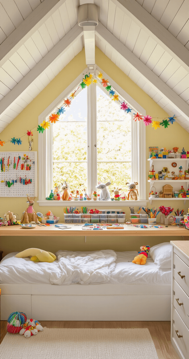 Knutselen met Pijpenragers: 25+ Creatieve Projecten die je Vandaag nog Kunt Maken A photorealistic view of a Dutch children's bedroom filled with natural morning light, featuring a compact workspace with organized pipe cleaner craft materials in clear containers, vibrant works-in-progress on the built-in desk, and completed projects displayed on floating shelves, all against pale yellow walls and slanted attic ceiling.