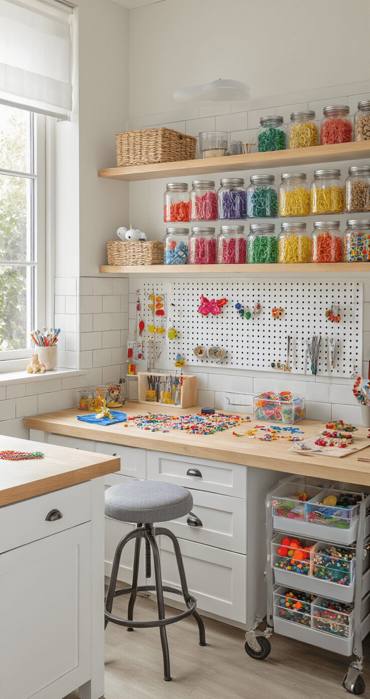 Knutselen met Pijpenragers: 25+ Creatieve Projecten die je Vandaag nog Kunt Maken Photorealistic Dutch craft room interior featuring organized pipe cleaner workspace with built-in white cabinets, butcher block countertops, and subway tile backsplash, showcasing a rainbow of supplies in mason jars, various crafting projects, an organized pegboard, and an industrial-style stool, all under bright afternoon lighting.