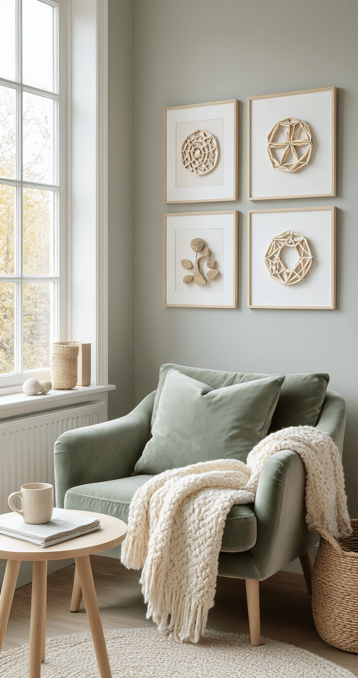 Knutselen met Pijpenragers: 25+ Creatieve Projecten die je Vandaag nog Kunt Maken Photorealistic Dutch living room corner bathed in soft morning light, featuring a cozy sage green reading chair with a cream throw, a light oak side table with a ceramic mug, and a gallery wall of pipe cleaner art in white frames, complemented by a sheepskin rug and woven storage for craft supplies.