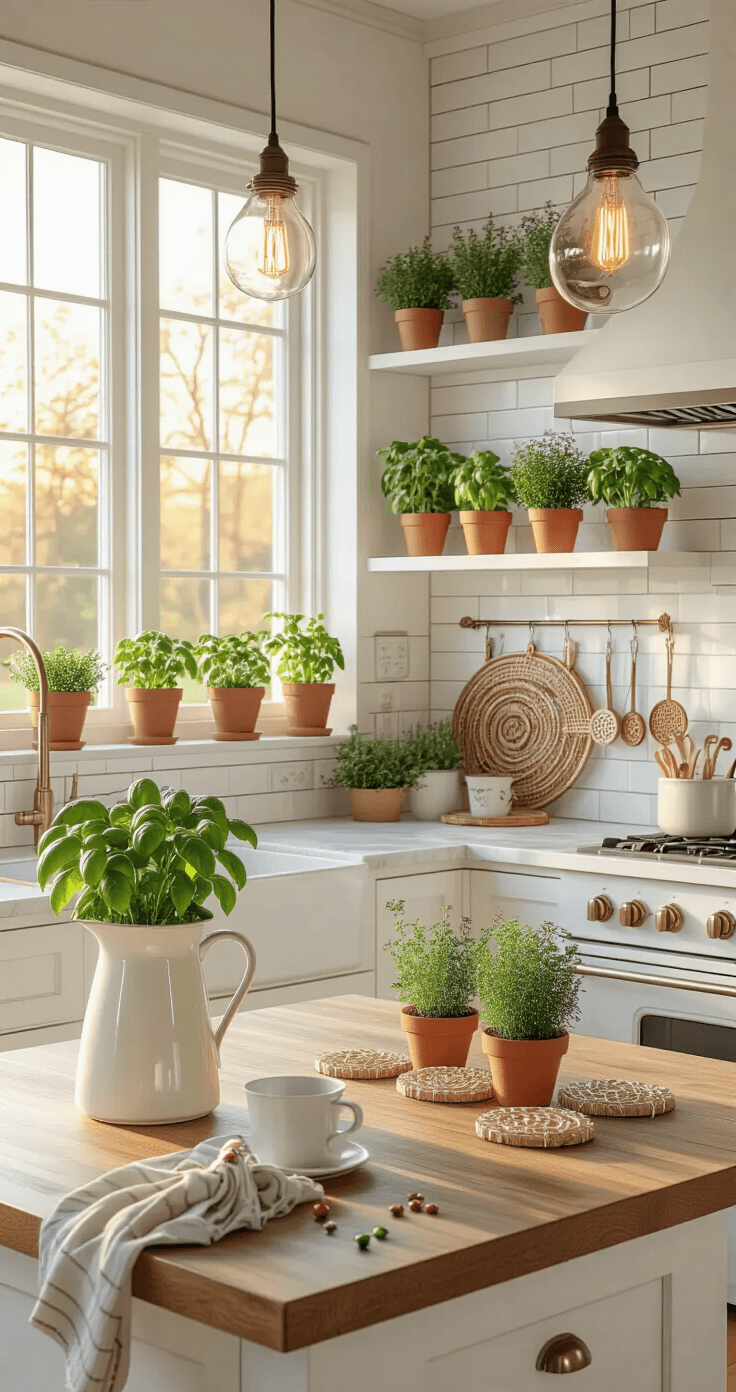 Knutselen met Pijpenragers: 25+ Creatieve Projecten die je Vandaag nog Kunt Maken Photorealistic Dutch kitchen at golden hour, featuring white shaker cabinets, marble countertops, and a subway tile backsplash. Herb garden with pipe cleaner markers for basil, rosemary, and thyme in terracotta pots. Open shelving displays decorative pipe cleaner art, while a seasonal arrangement of spring branches with blossoms centers the island. Warm pendant lighting enhances the inviting atmosphere, complemented by wide plank white oak floors and a vintage-style area rug.