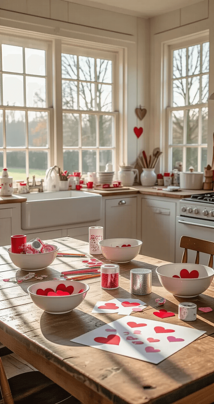 Valentijn knutselen: 25+ creatieve ideeën die je hart sneller doen kloppen Wide-angle interior shot of a Dutch farmhouse kitchen filled with afternoon sunlight. A rustic wooden dining table, covered in Valentine's crafting supplies like red and pink paper hearts, glitter, and colored pencils, showcases a cozy and creative atmosphere. White ceramic bowls display cut-out hearts of varying sizes, while a handmade card with 47 glitter pieces rests prominently on the table. Soft natural light casts gentle shadows, highlighting the table’s artistic wear and the cream-colored walls adorned with traditional Dutch tiles.