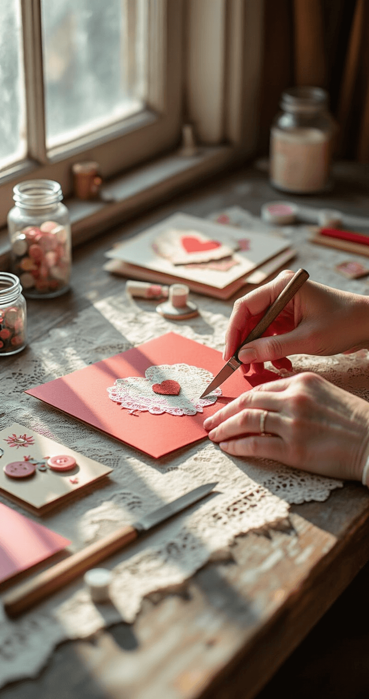 Valentijn knutselen: 25+ creatieve ideeën die je hart sneller doen kloppen Close-up van handen die werken aan ingewikkelde pop-up Valentijnskaarten op een verweerd houten keukentafel. Verschillende lagen knutselmaterialen verspreid over een vintage kantentafelkleed: dik cardstock in diep rood en blushroze, precisiesnijder voor nette sneden, linialen met potloodmarkeringen, kleine tubes glitterlijm met verwijderde doppen. Halve pop-up mechanismen zichtbaar met parallelle sneden en gevouwen binnenste elementen. Middaglicht van links creëert dramatische schaduwen en benadrukt de textuur van handgemaakt papier. Macro-perspectief focust op vingertoppen die papier manipuleren. Kleine glazen potjes met gesorteerde knopen en versieringen. Intieme, geconcentreerde knutselomgeving met warme gouden uurlichten die door sheer gordijnen filteren.