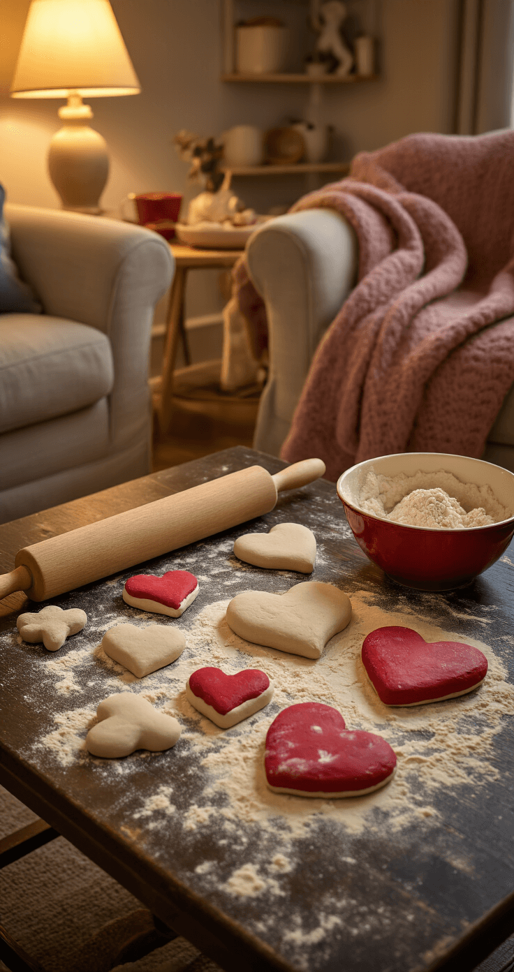 Valentijn knutselen: 25+ creatieve ideeën die je hart sneller doen kloppen Cozy Dutch living room corner in the evening, featuring a low coffee table with salt dough heart ornaments at different drying stages, a wooden rolling pin with flour, a ceramic mixing bowl, and child-sized chair with flour handprints; warm lamp light creates a nurturing atmosphere.
