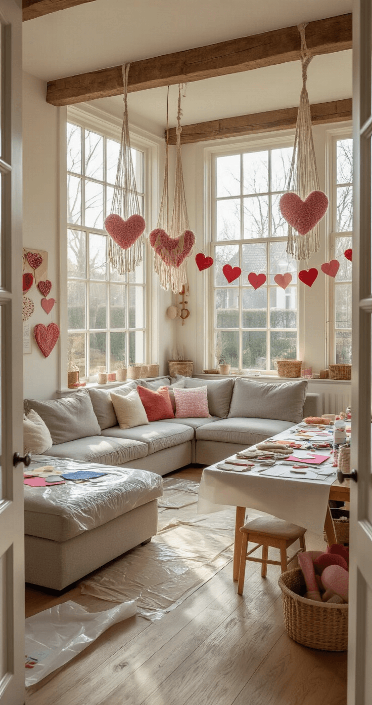 Valentijn knutselen: 25+ creatieve ideeën die je hart sneller doen kloppen Wide shot of a Dutch family room transformed into a Valentine's decoration workshop, featuring a large sectional sofa moved to create a crafting space with protective sheeting, organized craft stations for paper cutting, wool crafting, and painting, hanging decorations including macrame hearts and felt ornaments, and large windows allowing natural light to fill the room.