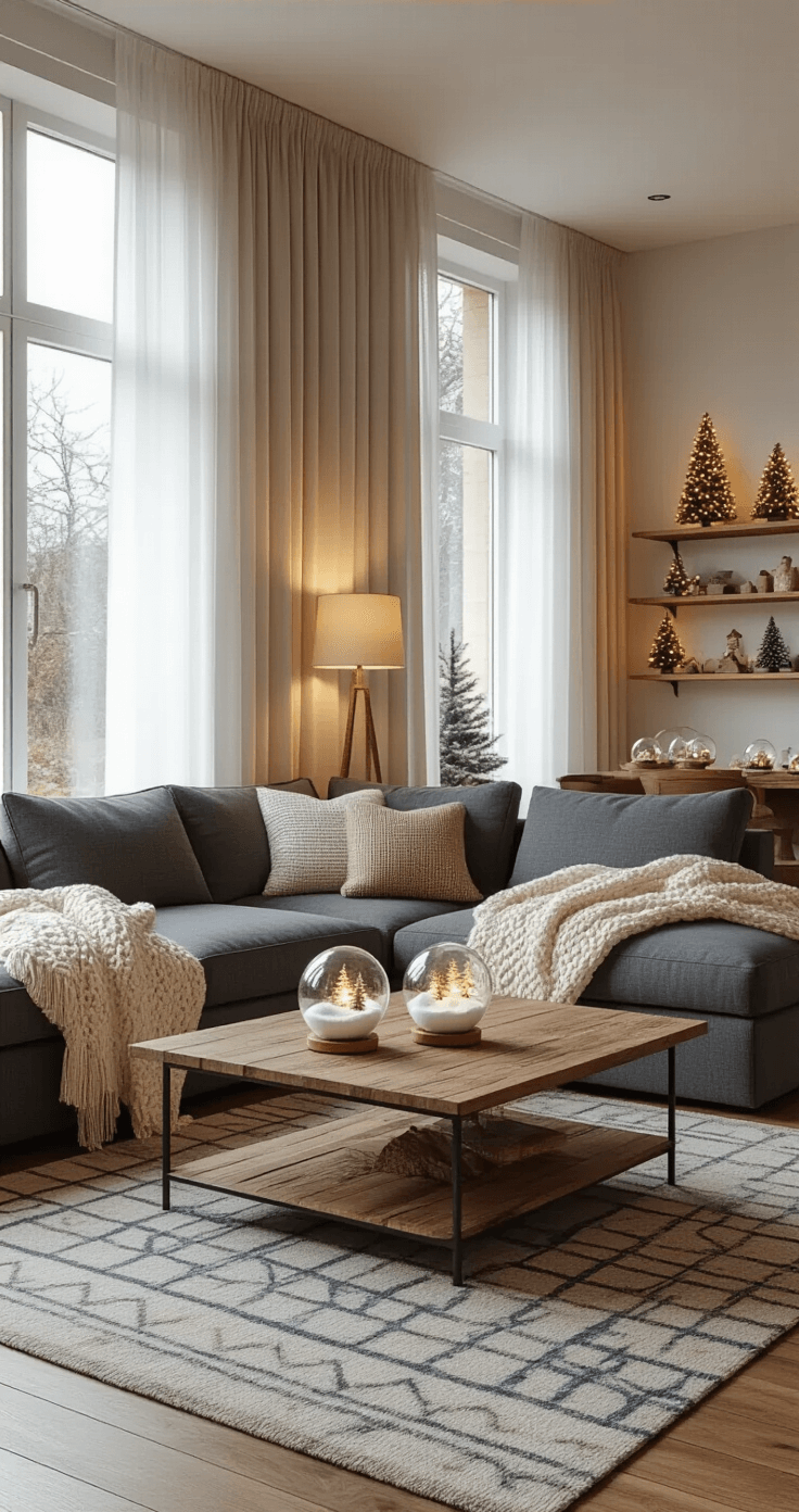 Transformeer Je Huis Met Kerstmis Knutselen Voor Volwassenen: Van Simpele Sneeuwbollen Tot Elegante Tafelversiering Photorealistic Dutch living room with large windows, golden hour light, a charcoal grey sectional sofa, rustic oak coffee table with handmade snow globes, warm ambient lighting, hardwood floors, and DIY cardboard Christmas trees on shelves.