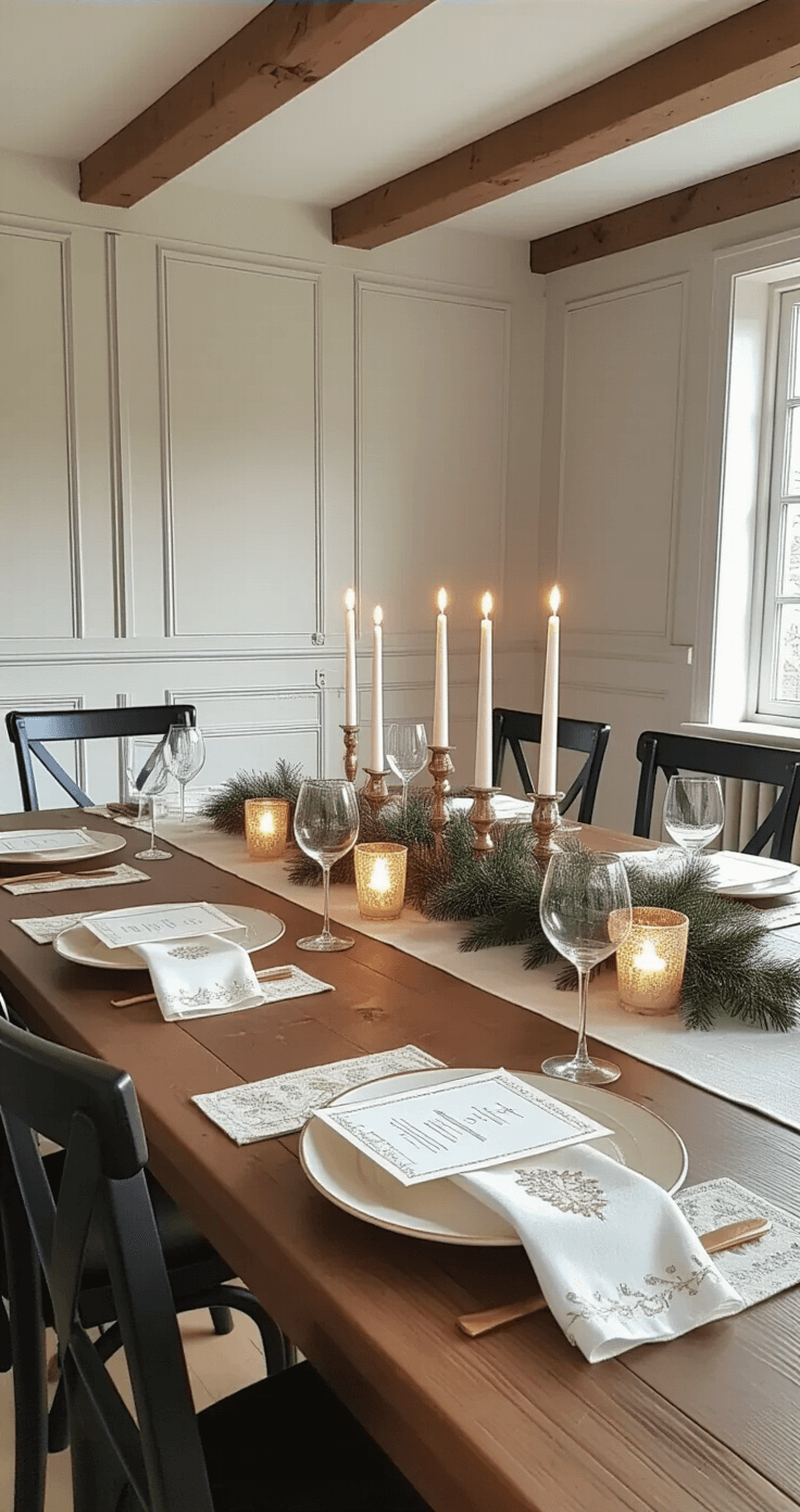 Transformeer Je Huis Met Kerstmis Knutselen Voor Volwassenen: Van Simpele Sneeuwbollen Tot Elegante Tafelversiering Elegant Dutch dining room with exposed ceiling beams, featuring a dark walnut dining table set for eight with handcrafted Christmas decorations, gold-bordered menu cards, embroidered napkins, and DIY tea light holders. The space is illuminated by warm candlelight, showcasing matte black chairs against pale grey walls and traditional wainscoting, creating an intimate dinner party atmosphere.