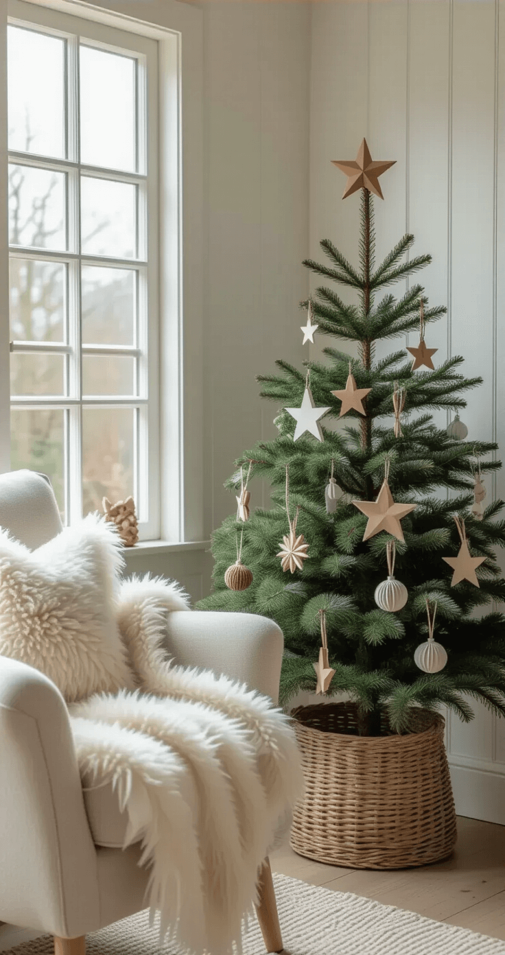 Transformeer Je Huis Met Kerstmis Knutselen Voor Volwassenen: Van Simpele Sneeuwbollen Tot Elegante Tafelversiering A cozy Scandinavian-inspired reading nook featuring a vintage Christmas tree adorned with handmade ornaments, a cream wool armchair, and soft morning light filtering through frosted glass windows, all set against light grey walls with wood paneling.