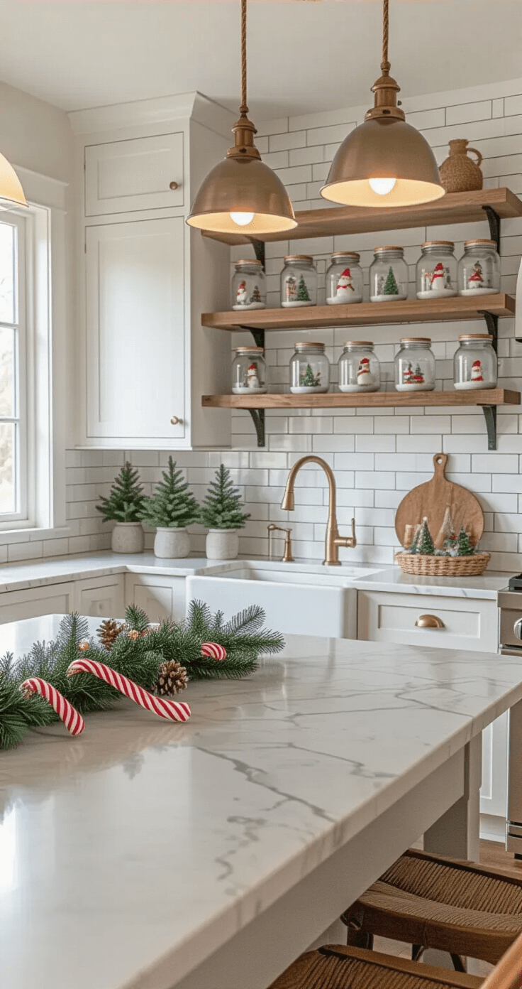 Transformeer Je Huis Met Kerstmis Knutselen Voor Volwassenen: Van Simpele Sneeuwbollen Tot Elegante Tafelversiering Cozy Dutch kitchen with white shaker cabinets and marble countertops, featuring warm afternoon lighting, candy cane garland on the island, farmhouse sink with brass fixtures, and open shelving displaying mason jar snow globes in a family-gathering atmosphere.