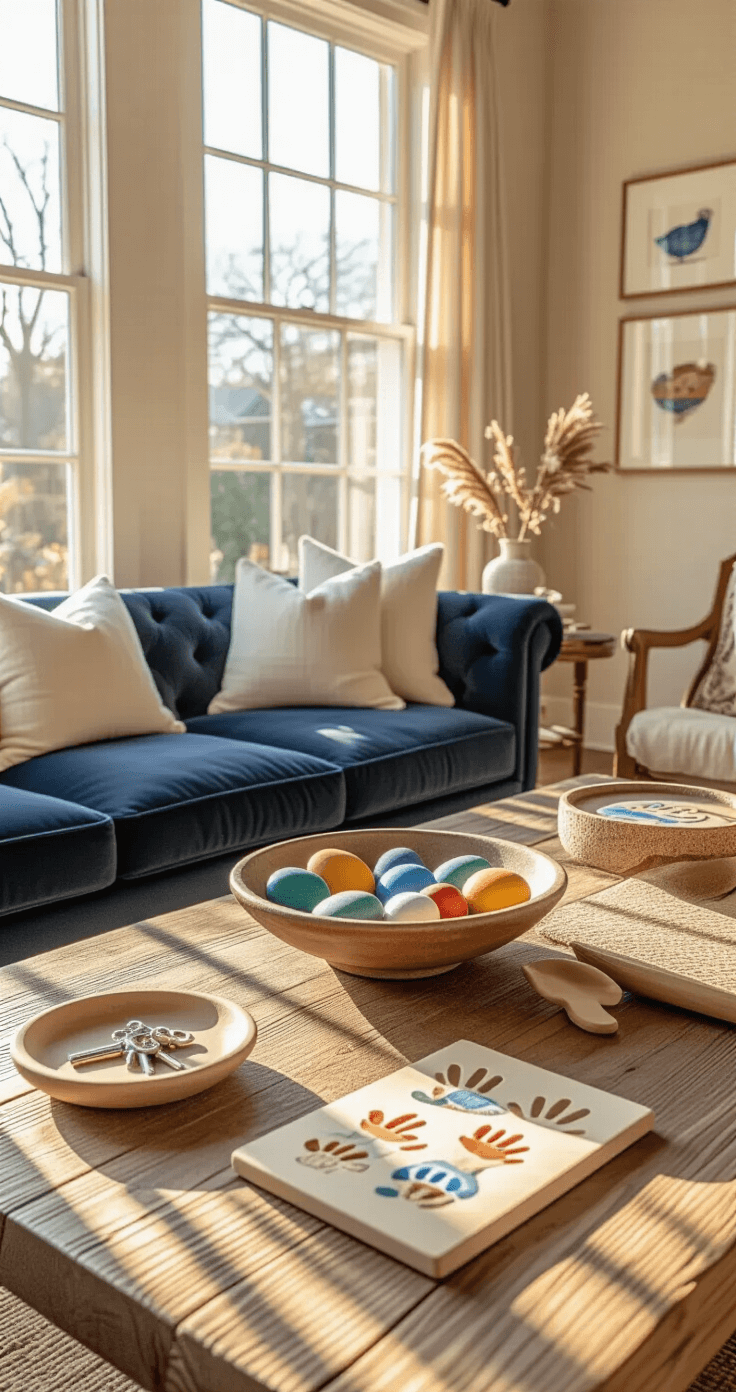 Hartverwarmende Vaderdagknutsels Met Peuters: 15 Simpele Ideeën Die Papa Echt Leuk Vindt Interior of a cozy Dutch living room during golden hour, featuring handmade Father’s Day crafts on a rustic oak coffee table, including painted stones in a ceramic bowl, a clay handprint dish for keys, and decorated popsicle stick art. The warm beige walls and deep navy velvet sofa with cream cushions create a sophisticated backdrop for the childlike artwork, captured from coffee table height with shallow depth of field.