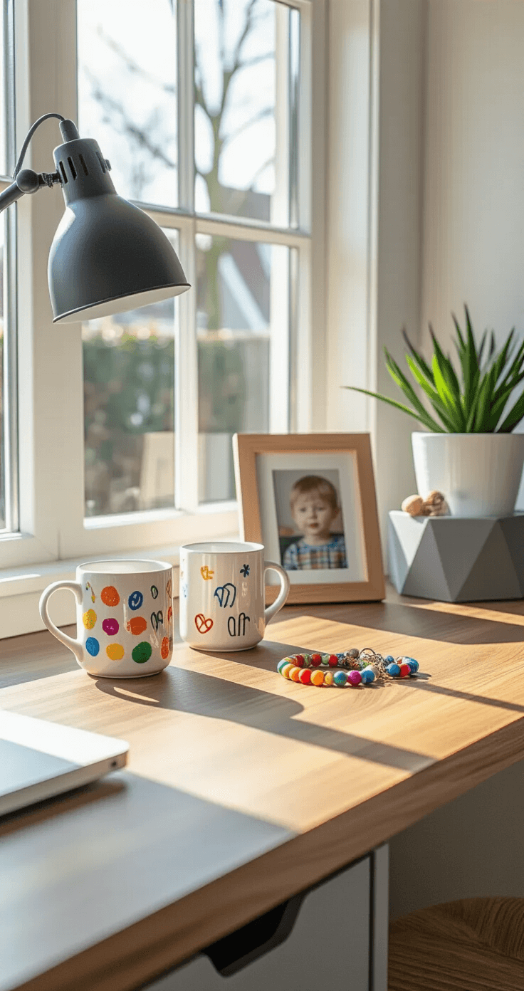 Hartverwarmende Vaderdagknutsels Met Peuters: 15 Simpele Ideeën Die Papa Echt Leuk Vindt Close-up of a modern Dutch home office corner with a walnut desk displaying toddler-made gifts, including a painted mug, a beaded keychain, and a framed photo, illuminated by morning light in a Scandinavian design setting.