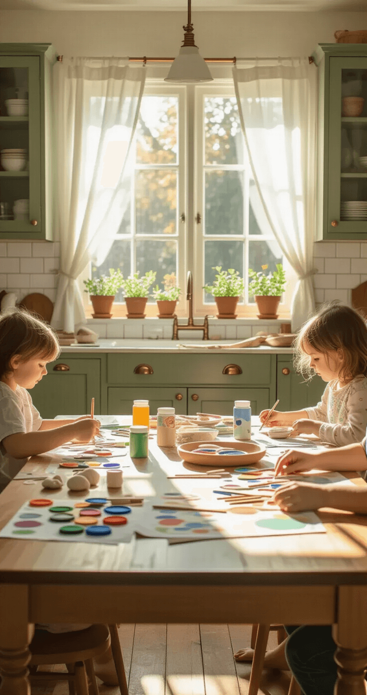 Hartverwarmende Vaderdagknutsels Met Peuters: 15 Simpele Ideeën Die Papa Echt Leuk Vindt Wide shot of a bright Dutch kitchen during afternoon craft time, featuring a large farmhouse table covered with art supplies, sunlight filtering through sheer curtains, and small hands engaged in projects under adult supervision, surrounded by sage green cabinets and potted herbs.
