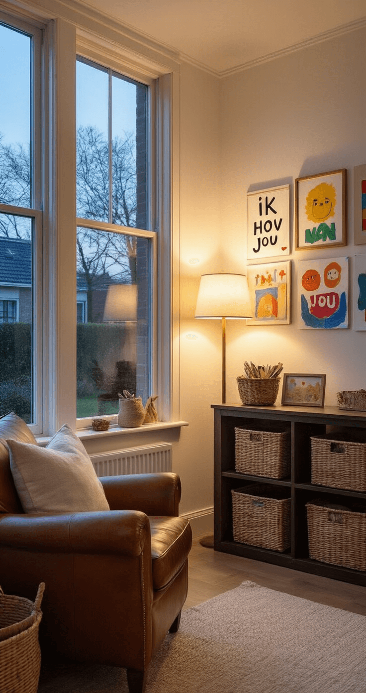 Hartverwarmende Vaderdagknutsels Met Peuters: 15 Simpele Ideeën Die Papa Echt Leuk Vindt Atmospheric corner of a Dutch family room at twilight, featuring large windows with soft outdoor light, warm interior lamps illuminating a gallery wall of children's artwork, including colorful tape-resist paintings with the phrase 'IK HOU VAN JOU'. The space has cream-colored walls, a cognac leather armchair, dark wood shelving with craft projects, and natural textures like woven baskets and linen throw pillows in rust and sage tones. Low-angle perspective enhances intimate details and the loving home environment.